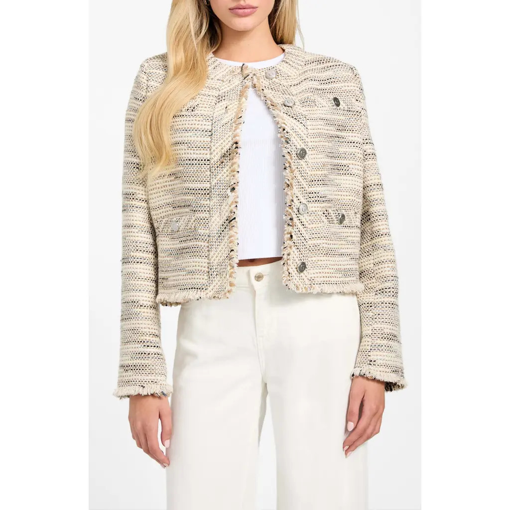 GUESS Sutton Fringe Detail Tweed Jacket in Beige at Nordstrom, Size Medium | Nordstrom