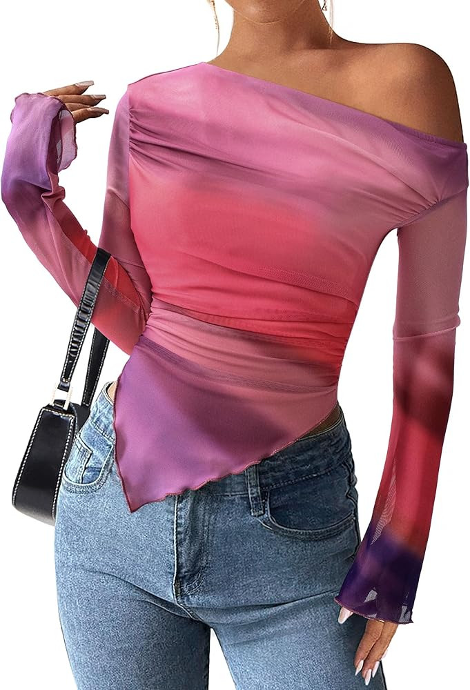 PRETTYGARDEN Womens Fall Trendy Off Shoulder Y2k Tops 2025 Tie Dye Mesh Long Sleeve Shirts Asymme... | Amazon (US)