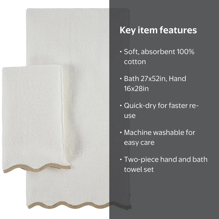 My Texas House Whitney Scallop Border Cotton Hand and Bath Towels, Ivory (2 Count) | Walmart (US)