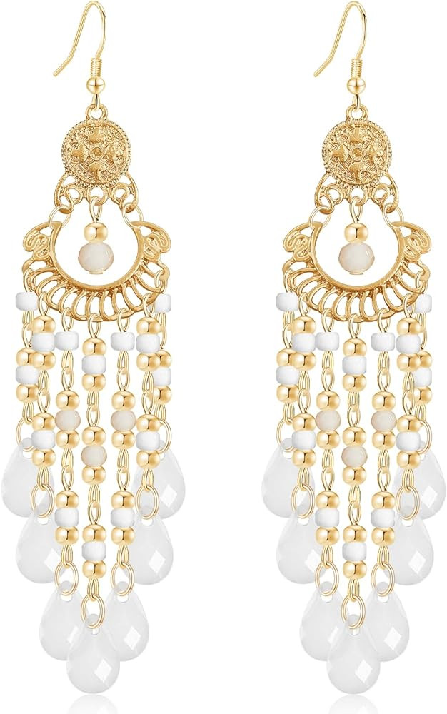 Handmade Dainty Sparkly Acrylic Beaded Fringe Chandelier Dangle Drop Earrings Boho Gold Long Tass... | Amazon (US)