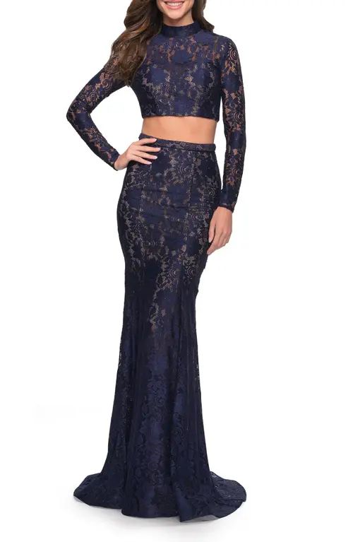 La Femme Embellished Lace Two-Piece Gown in Navy at Nordstrom, Size 0 | Nordstrom