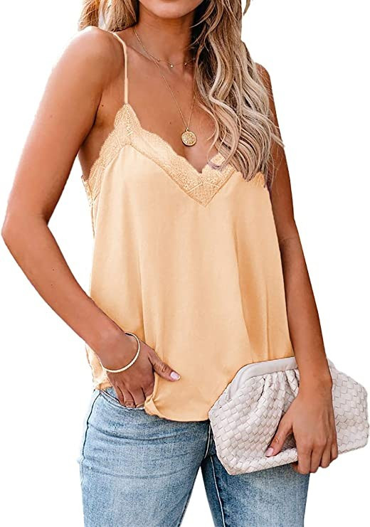 lime flare Sexy V Neck Lace Trim Cami Tank Tops | Amazon (US)