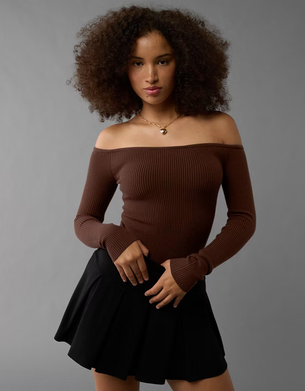 AE Long-Sleeve Off-The-Shoulder Sweater Bodysuit | American Eagle Outfitters (US & CA)