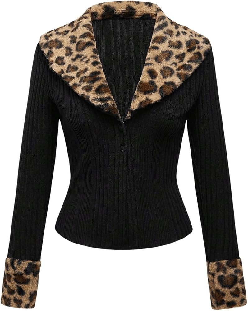 WDIRARA Women's Y2k Leopard Faux Fur Trim Coat Long Sleeve Button Down Knit Outerwear Clubwear | Amazon (US)