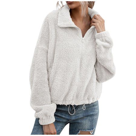 Women s Full Zip Fleece Jacket Stand Collar Fuzzy Fluffy Warm Fall Sherpa Sweatshirt | Walmart (US)