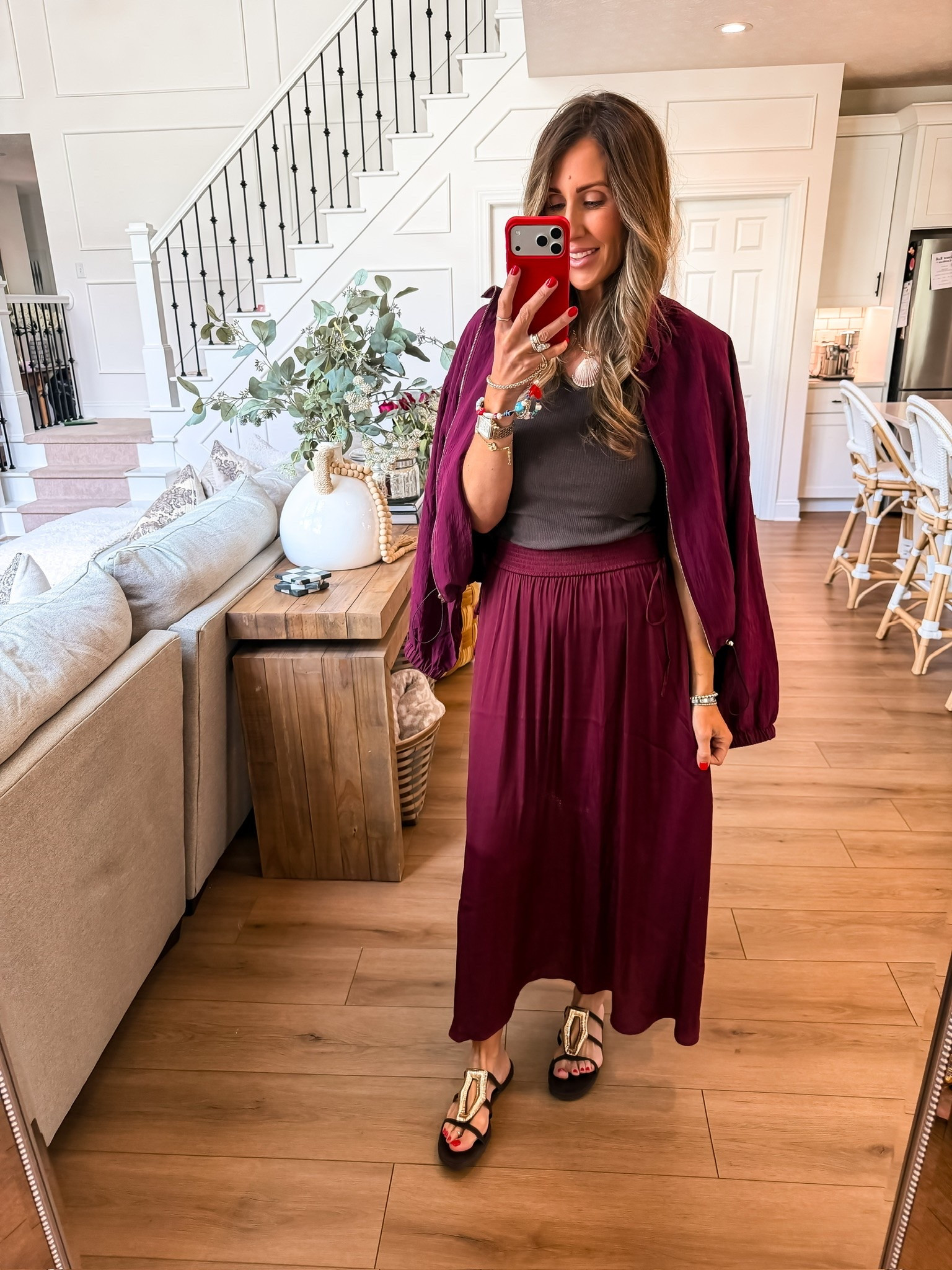 This rich berry color is so good for transitioning seasons 🍷 I love the flowy skirt paired with the lightweight layer for an effortlessly elevated look that feels chic but still comfortable. One of those outfits that looks styled with minimal effort.

berry outfit, monochromatic style, matching set outfit, elevated casual fashion, flowy skirt outfit, chic everyday style, transitional fashion, effortless outfit inspiration, vacation style, neutral accessories, trendy outfit ideas, themominstyle

#LTKootd #LTKSeasonal #LTKOver40