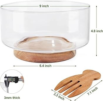 Large Salad Bowl Set, Glass Salad Bowl with Acacia Wood Base and Salad Hands, Serving Bowls for F... | Amazon (US)