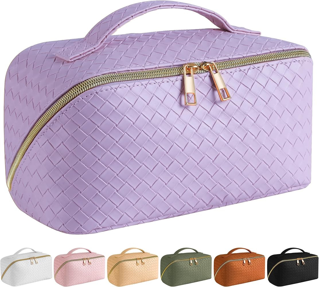 Large Capacity Travel Cosmetic Bag - PU Leather Waterproof, Women Portable Travel Makeup Bag With... | Amazon (US)
