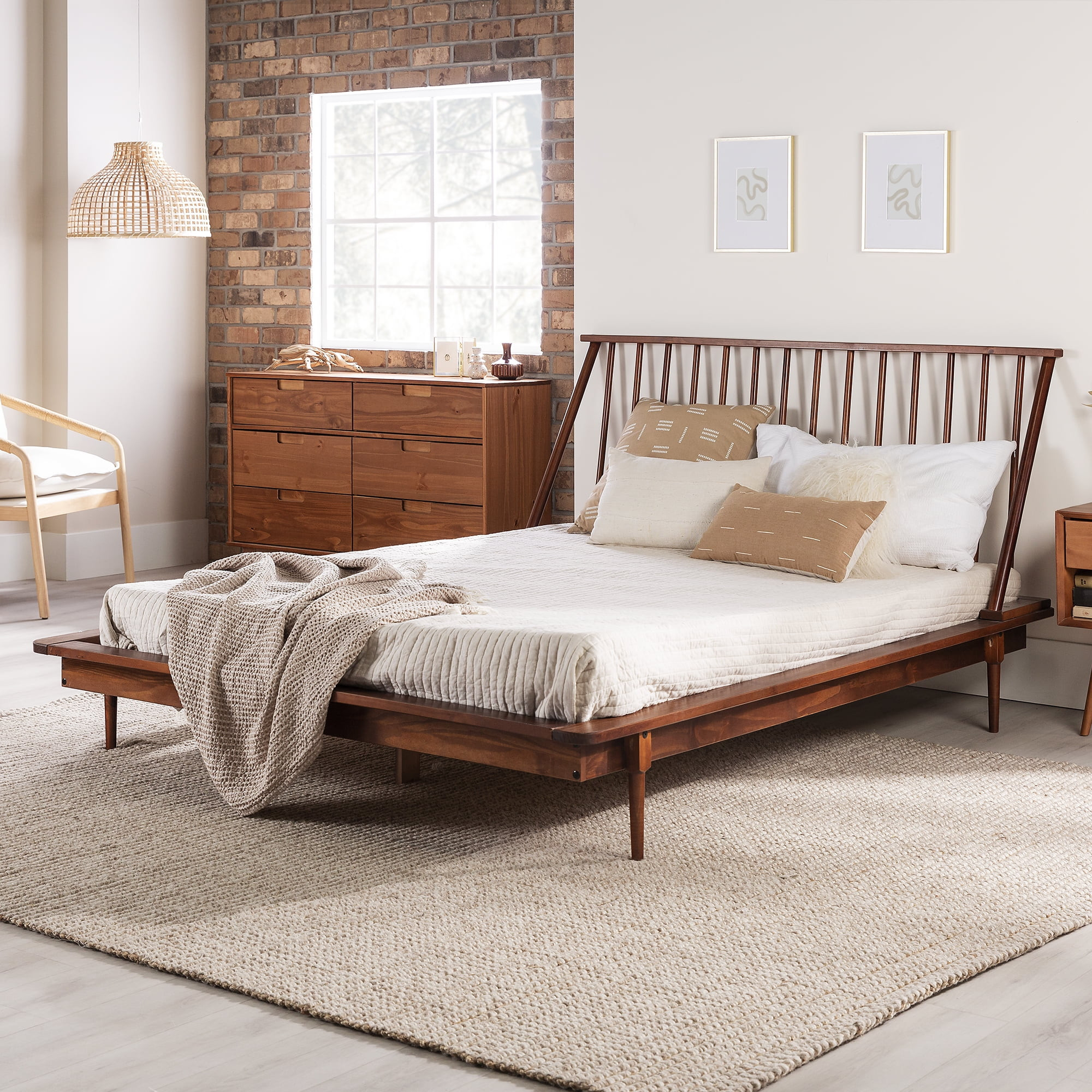 Desert Fields Modern Boho Queen Size Solid Wood Platform Bed, Walnut | Walmart (US)