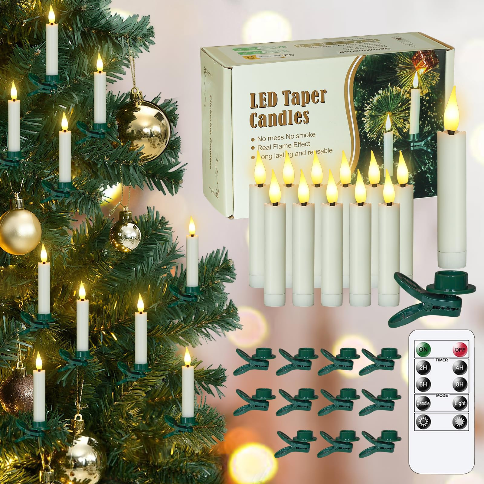 Pack of 12 Flameless Taper Clip on Candles with 12 Clips, Remote and Timer Function LED Flickerin... | Amazon (US)
