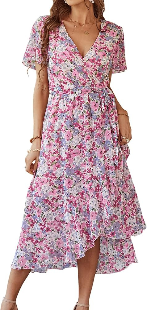 Vaiaye Women's Wrap Chiffon Dress Floral Print Ruffle Split Dress Waist Tie V-Neck Maxi Dresses | Amazon (US)