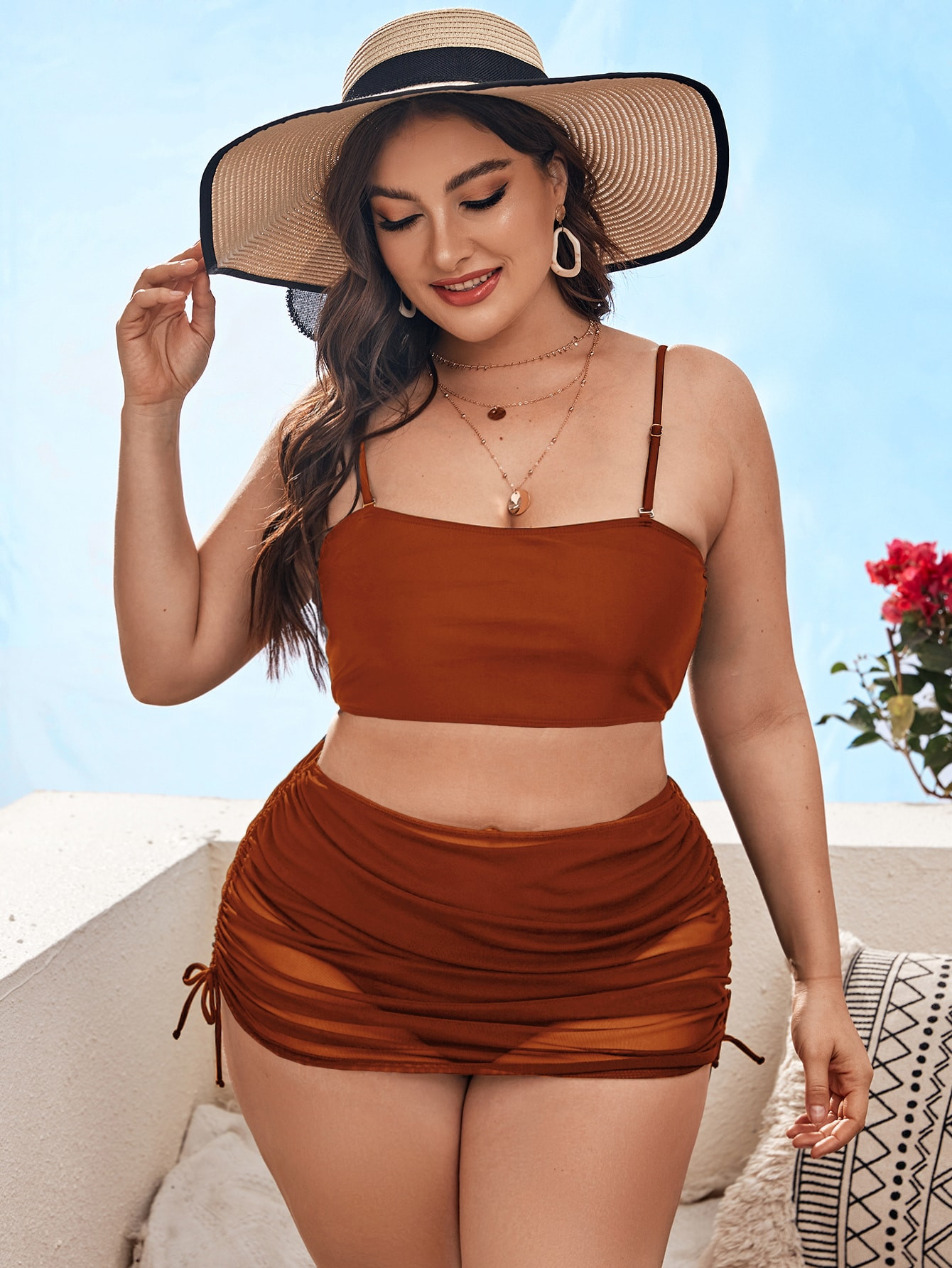 SHEIN Swim Basics Plus Bikini Set Adjustable Strap Cami Top & High Waisted Bottom & Sheer Cover U... | SHEIN