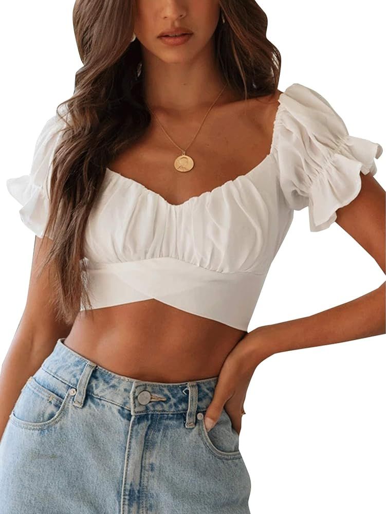 LYANER Women's Ruffle Short Sleeve Tie Up Back Crop Top Off Shoulder Bardot Blouse | Amazon (US)