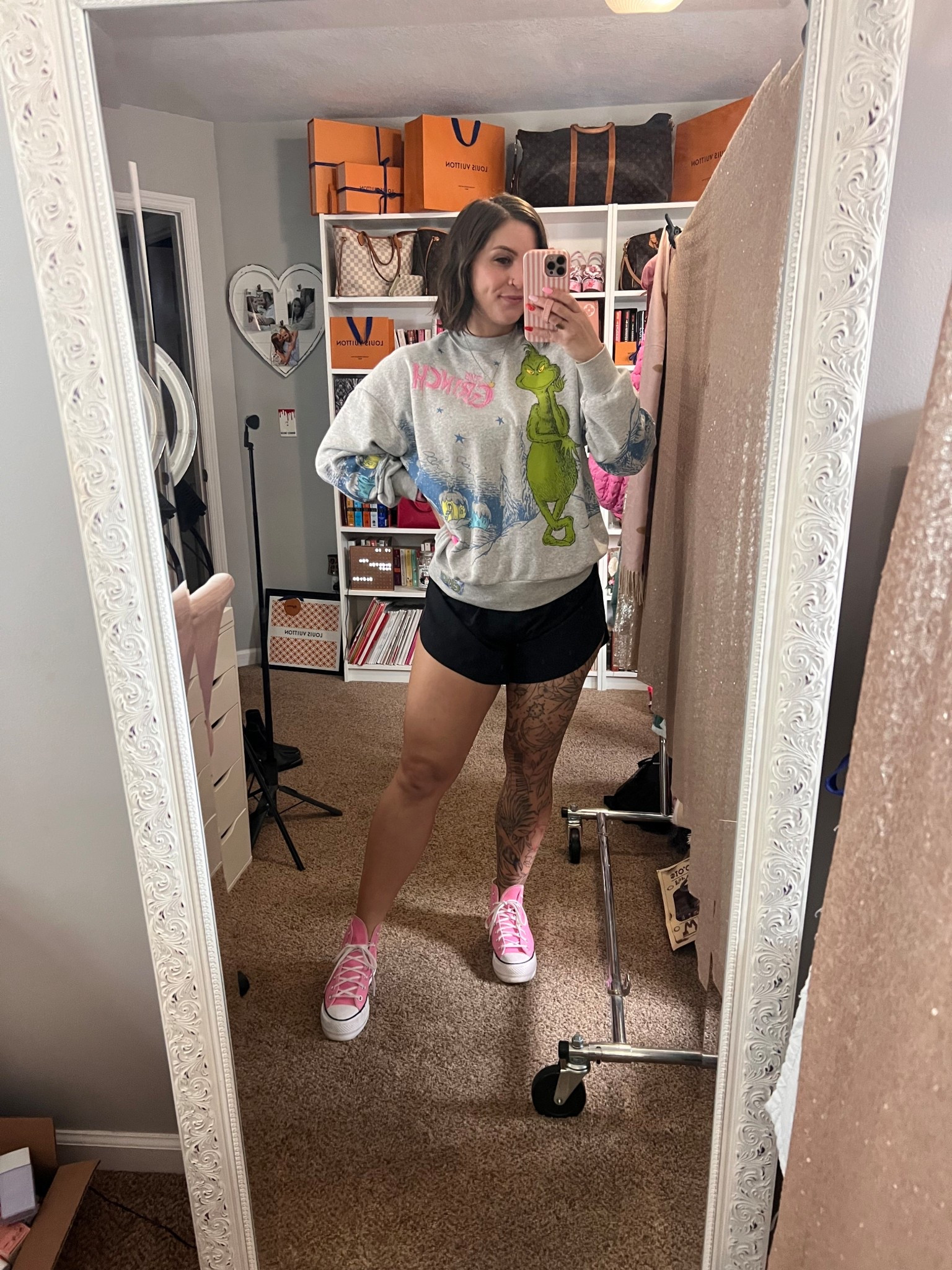 Casual Christmas outfit because it was early 🤣 but this Grinch sweatshirt was perfect! I’m wearing a small in it and a medium in the shorts. 

The grinch, grinch, grinch sweatshirt, casual outfit, Christmas Day, pink converse, platform converse, pink platform converse, Alicia Bice, does it come in pink blob 

#LTKootd #LTKHoliday #LTKFindsUnder50