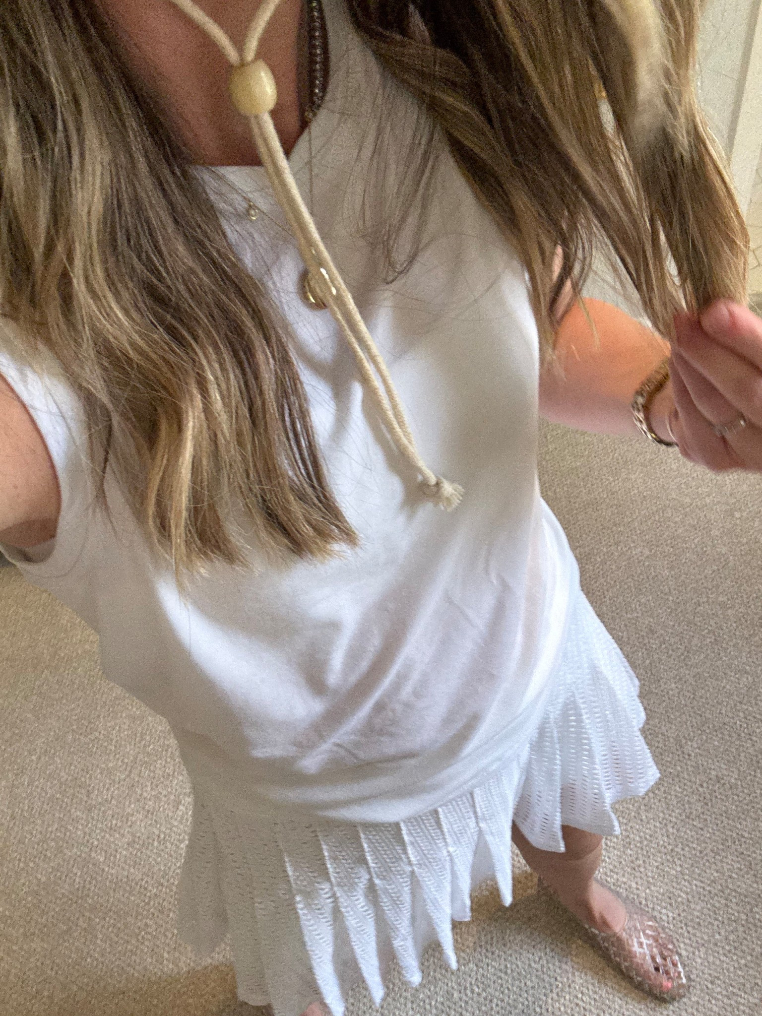 Wearing a small in the skirt, small in top. 7 in jellies but exchanging for a 6.5. I’d say they run a tid bit big depending on the last time you cut your toenails. 