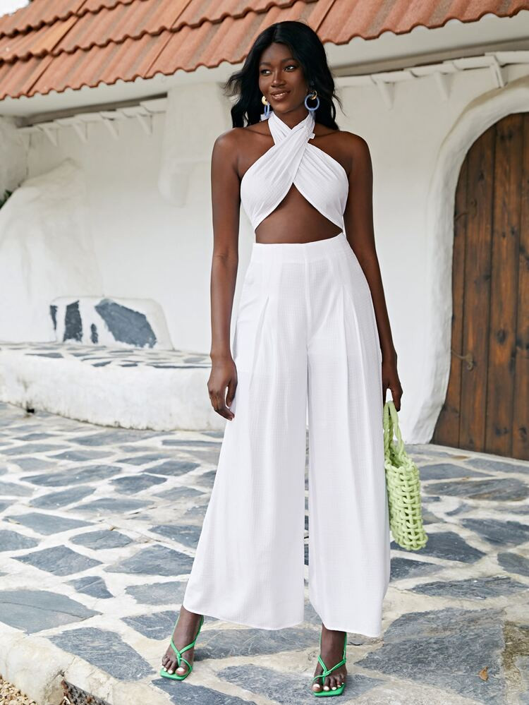 SHEIN Cross Wrap Tie Backless Halter Top & Wide Leg Pants | SHEIN