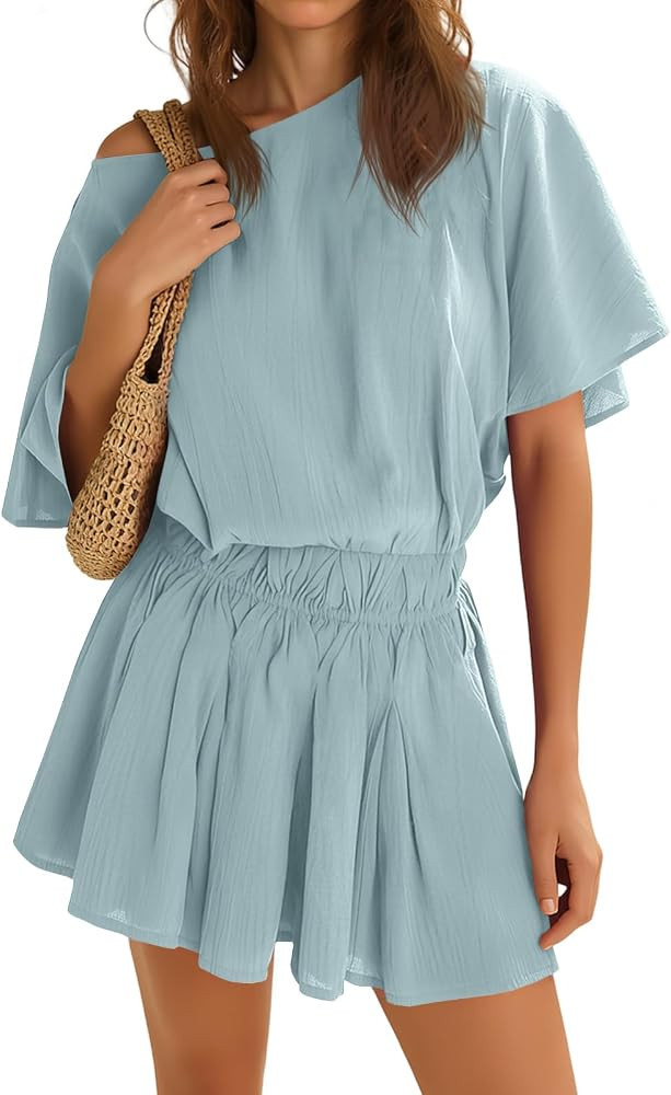 Yousify Womens Off the Shoulder Summer Dresses Short Batwing Sleeve Cinched Waist Mini Dress Casual Ruffle A-Line Short Dress | Amazon (US)