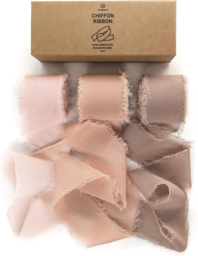Vitalizart 3 Rolls Handmade Fringe Chiffon Silk Ribbon 1.5" x 7Yd Dusty Rose Ribbons Set for Wedd... | Amazon (US)