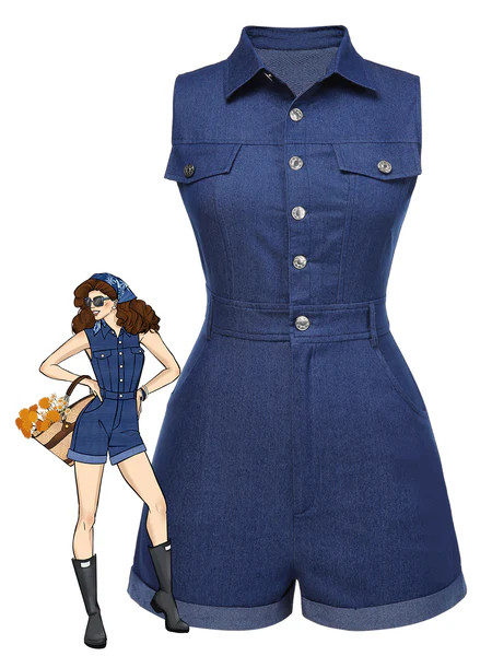 Blue 1970s Solid Cotton Sleeveless Denim Romper | Retro Stage