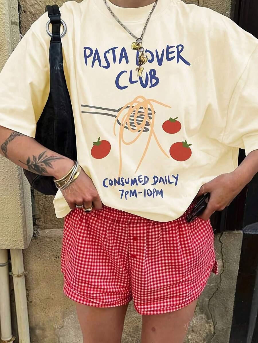 Pasta Lover Club Casual T Shirt Cartoon Graphic | SHEIN