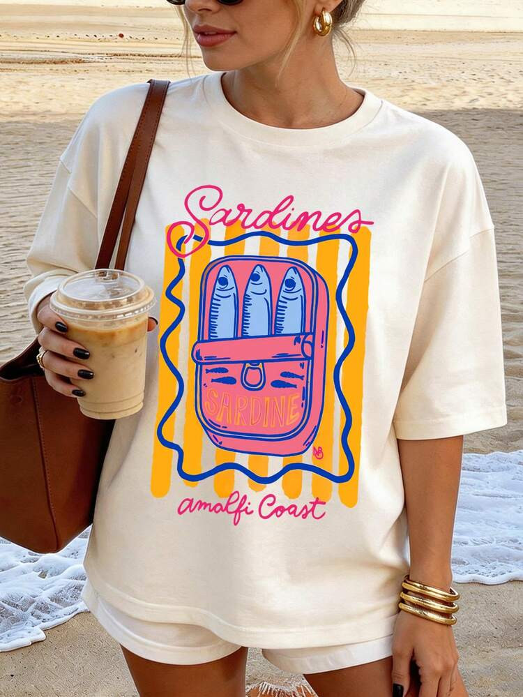 Women's Casual Amalfi Coast Sardine Print Round Neck Short Sleeve Regular Fit T-Shirt, Suitable For Summer Vacation White | SHEIN