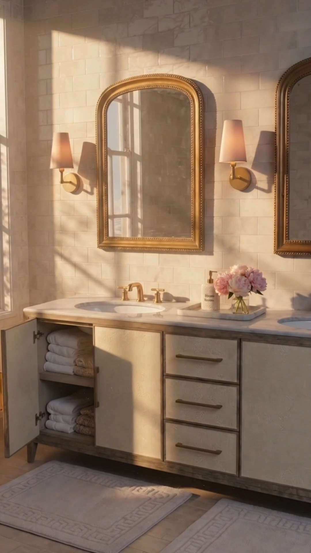 Rewind, reset, and rejuvenate. ✨ There’s something about a beautifully layered primary bath that makes the everyday routine feel a little calmer and more luxurious.

I love how this double vanity brings together warm wood tones, textural detailing, a Carrara marble top, and antique brass accents for a look that feels timeless, polished, and quietly sophisticated. The generous double-sink layout also gives you the storage and function that matter just as much as the beautiful details.

Paired with arched brass mirrors, warm wall sconces, soft florals, bath accessories, and beautiful morning light, the whole space has that relaxed hotel-inspired feeling — the kind of bathroom that makes you want to slow down and stay a little longer.

Up to 50% off at Arhaus going on now — it’s the perfect time to refresh your bathroom for the holiday season.

#MasterBath #PrimaryBathroom #BathroomDesign #DoubleVanity #BathVanity #BathroomMirror #CarraraMarble #BrassMirror #BathroomLighting #ModernClassic #TimelessInteriors #LuxuryBathroom #Arhaus

#LTKHome #LTKSaleAlert #LTKdayinmylife #LTKHome #LTKSaleAlert #LTKSeasonal

#LTKSeasonal #LTKHome #LTKSaleAlert