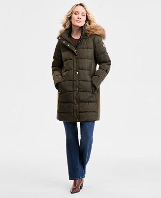 Women's Faux-Fur-Trim Hooded Puffer Coat | Macy's