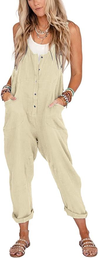 Womens Cotton Linen Overalls Adjustable Straps Button Up Long Loose Pant Baggy Jumpsuits with Poc... | Amazon (US)