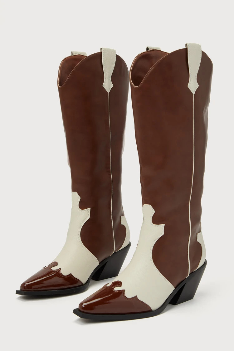 Etta Chocolate and Ivory Color Block Knee-High Western Boots | Lulus