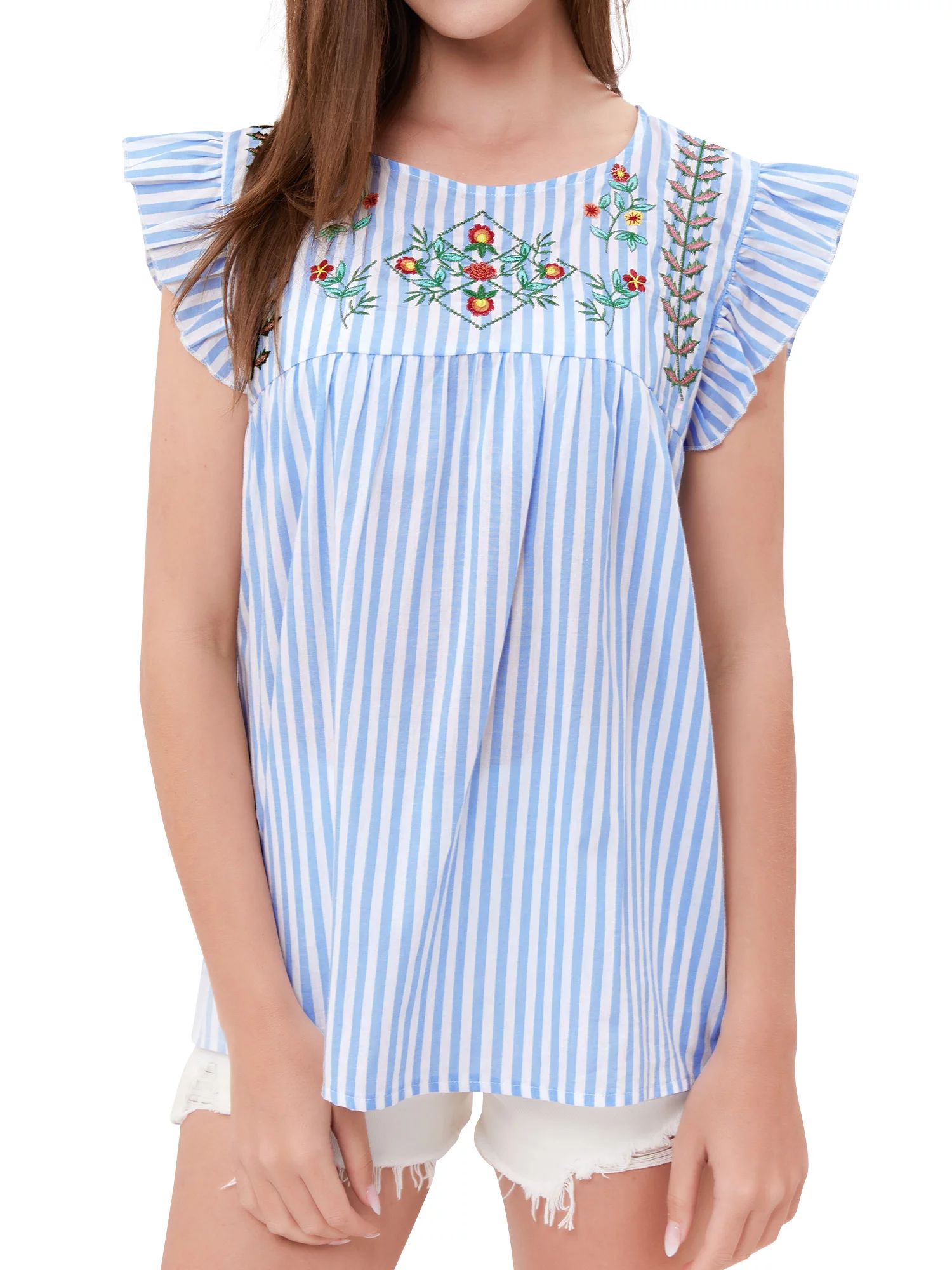 Nlife Women Boho Embroidery Stripe Ruffle Short Sleeve Button Shirt - Walmart.com | Walmart (US)