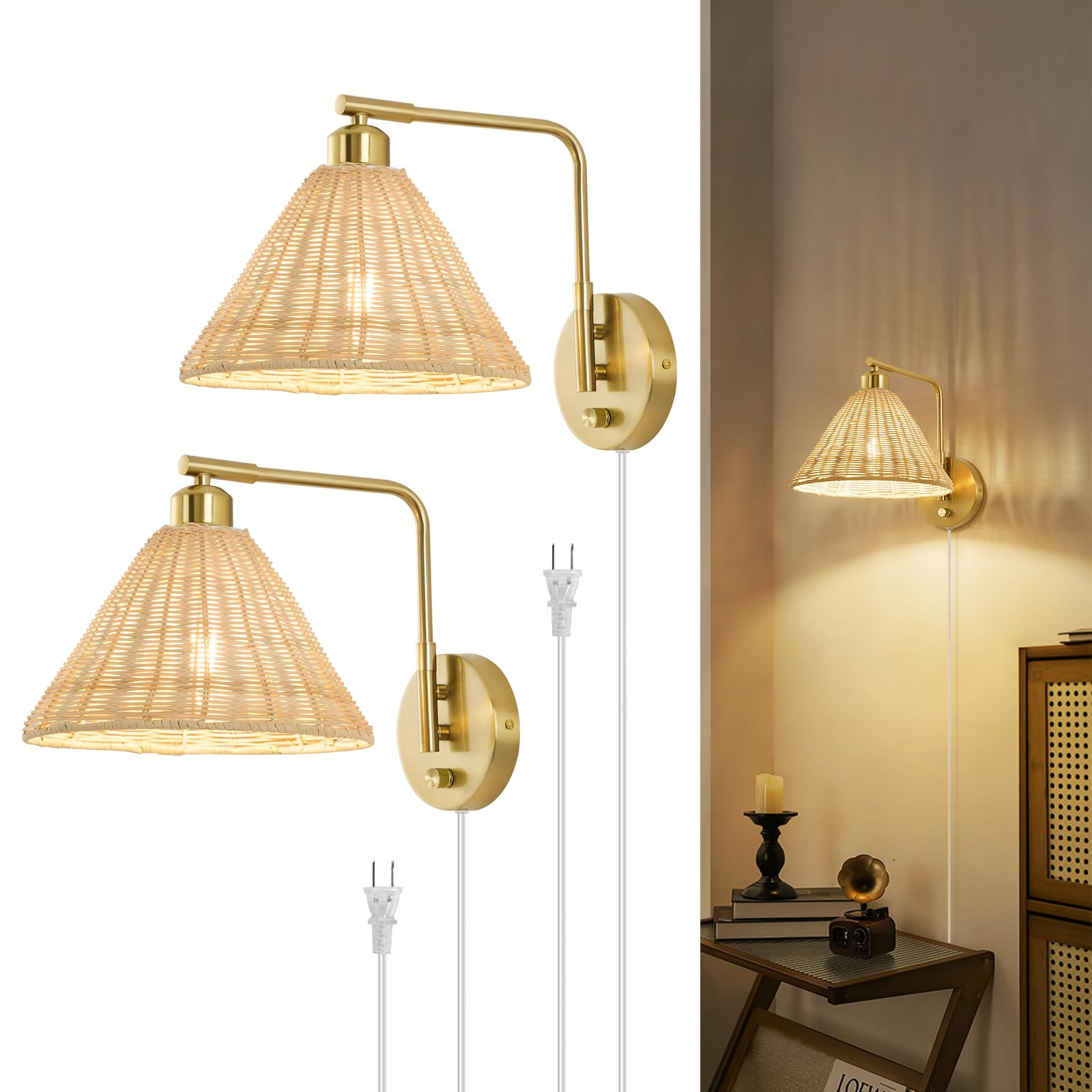 Rattan Plug in Wall Sconce Set of 2, Gold Wall Lamps with Plug in Cord and Dimmer, Hand Woven Boh... | Amazon (US)