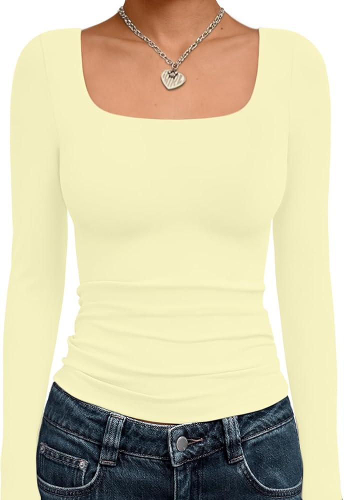 Trendy Queen Womens Long Sleeve Shirts Crop Tops Fall Fashion Solid Square Neck Going Out Basics ... | Amazon (US)