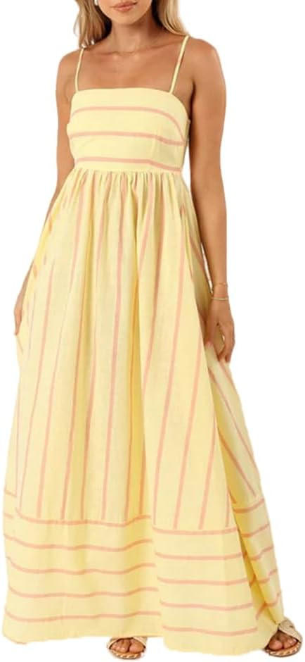 Spring Summer Smocked Maxi Dresses for Women 2024, Striped Back Sexy Spaghetti Strap Cut Out Flow... | Amazon (US)