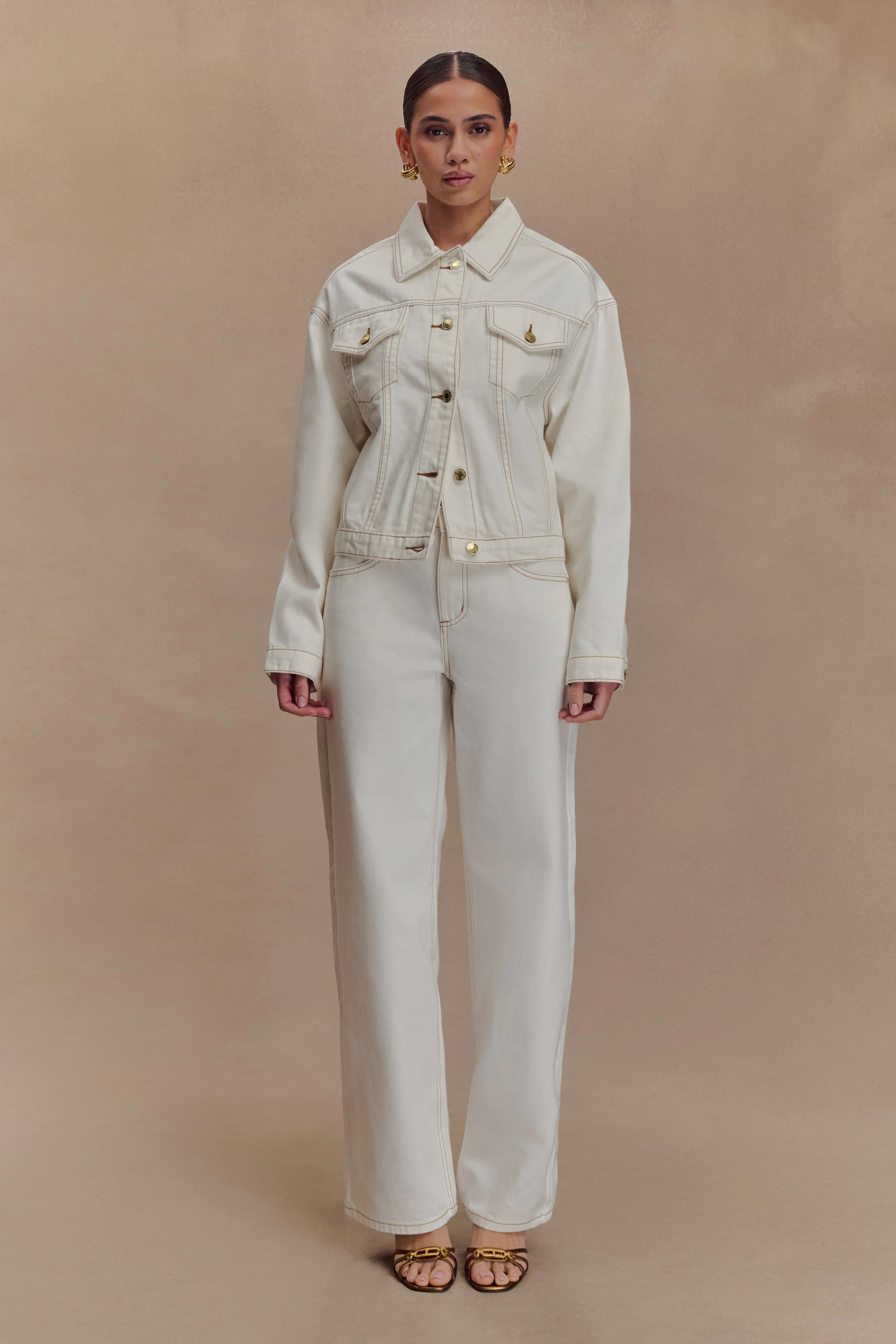 Kirra Cinched Denim Jacket - White | Meshki (APAC)