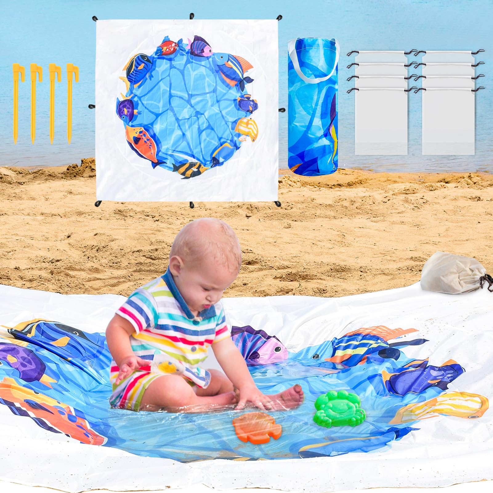 Portable Square Baby Beach Pool, 6.5 X 6.5 Ft Cute Cartoon Toddler Puddle Pool Blue Childs Beach ... | Amazon (US)
