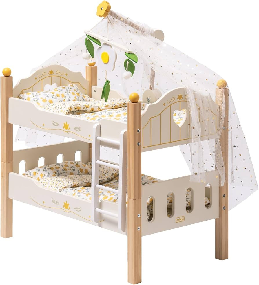 ROBUD Toys Doll Bunk Bed Set - Wooden Play Baby Doll Crib with Ladders and Accessories for 18 Inc... | Amazon (US)