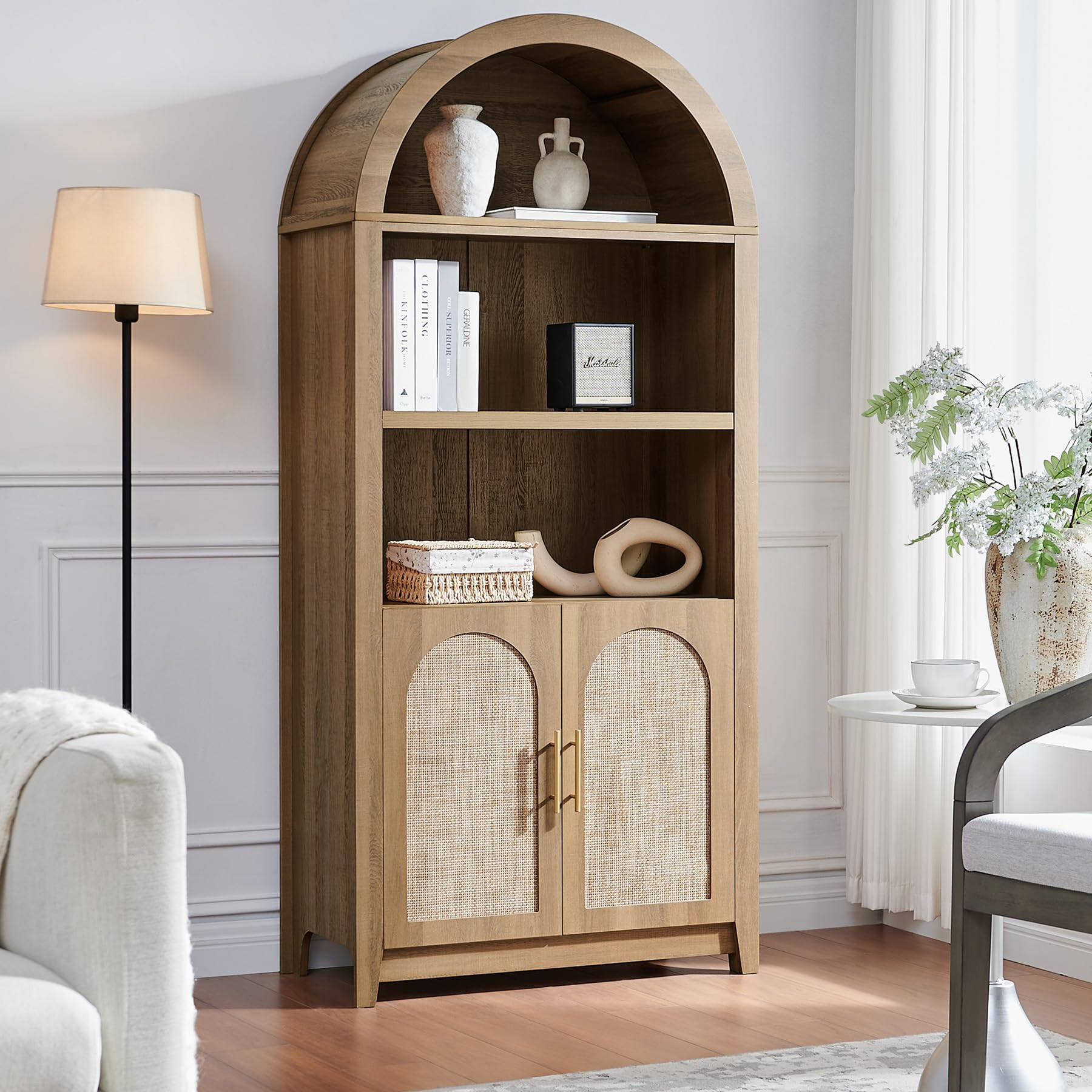 Rattan Arched Cabinet Bookshelf - 69.3” Tall Mid Century Display Cabinet, Rounded Bookcase with... | Amazon (US)