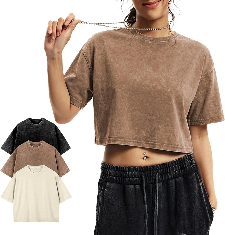 Cropped T Shirts for Women Short Sleeve Acid Wash Cotton Tops Vintage Oversized Casual Basic Tee ... | Amazon (US)