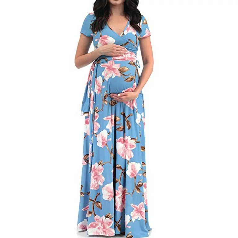 LoyisViDion Womens Maternity Dresses Clearance Plus Size Dress V-Neck Short-Sleeved Belt Printed ... | Walmart (US)