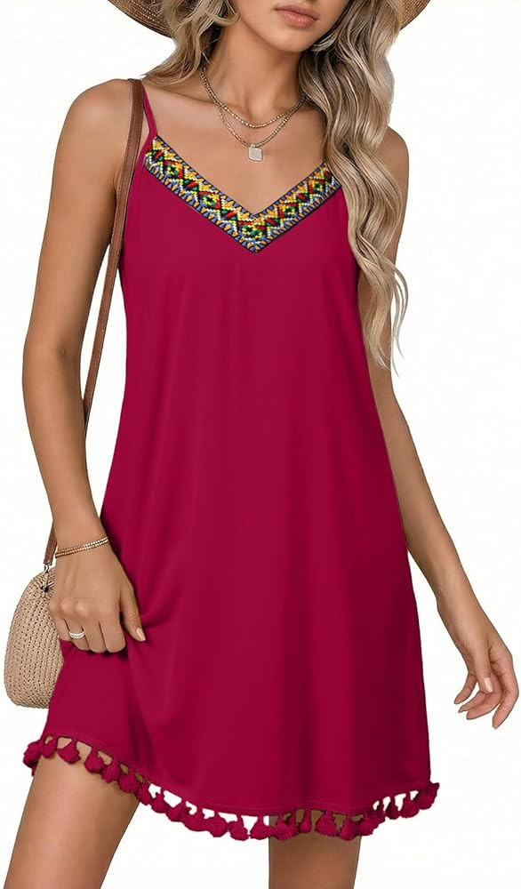 Dokotoo Beach Dresses for Women 2026 Spaghetti Straps Embroidered V Neck Mini Sundress Boho Swims... | Amazon (US)