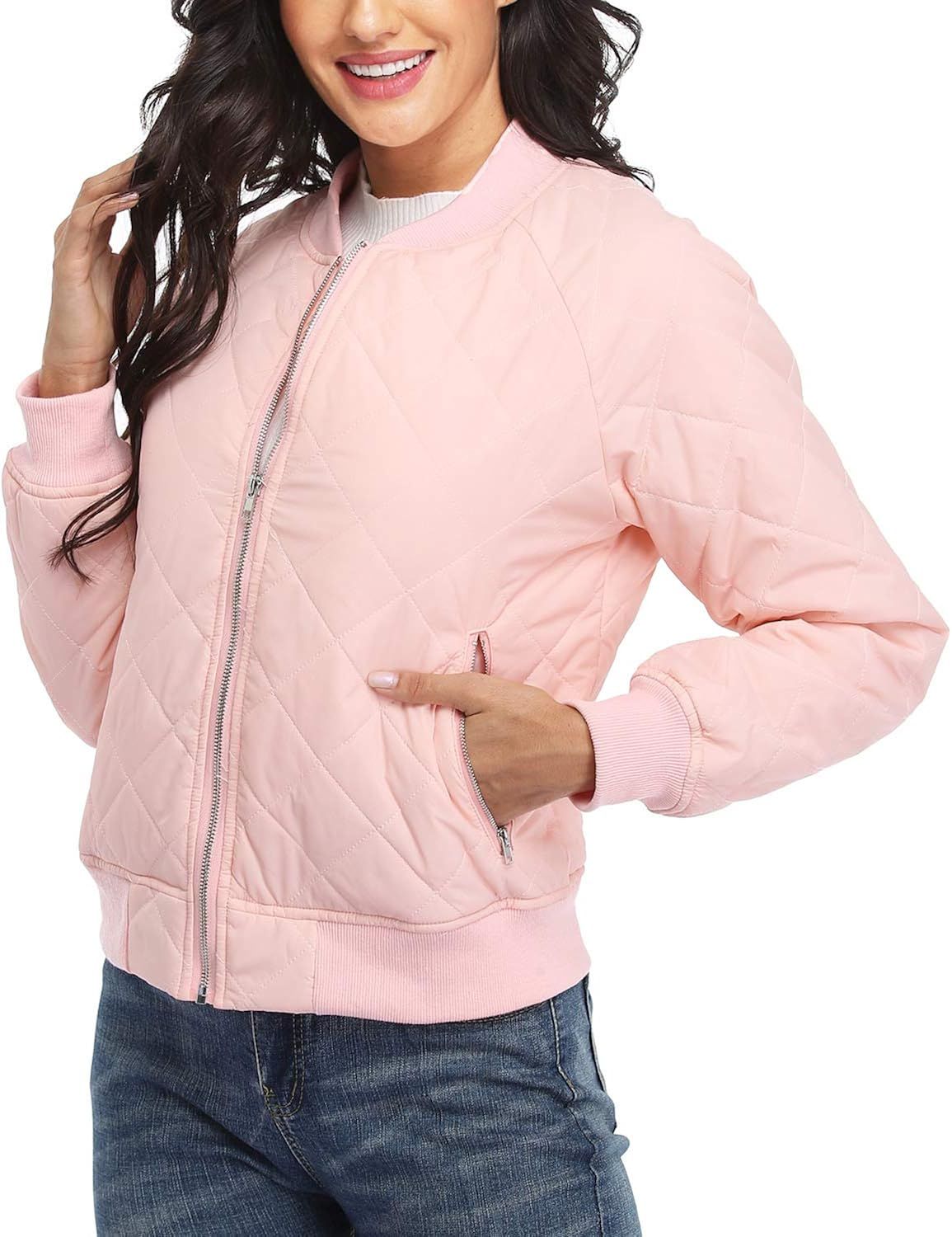 andy & natalie Women's Quilted Jacket Long Sleeve Zip up Raglan Bomber Jacket with Pockets | Amazon (US)