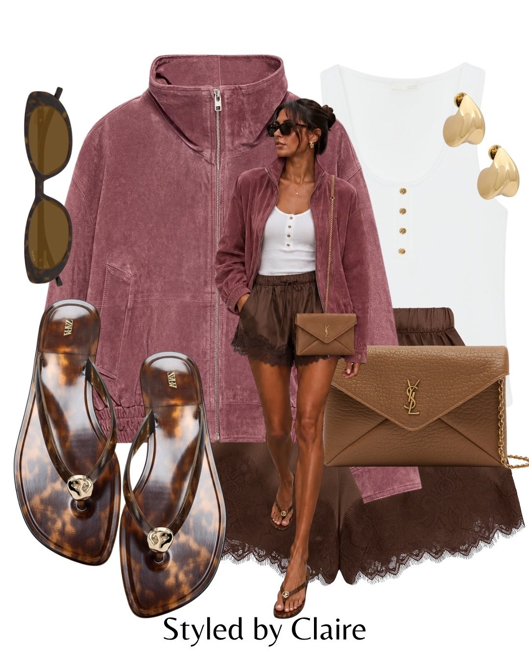 SUEDE JACKETS & LACE SHORTS🙋🏽‍♀️
Tags: dark pink Zara zip up autumn transition button tank top white brown flip flops jelly ysl leather cross body chain bag earrings revolve fashion cool girl city break inspo outfit ideas

#LTKautumn #LTKstyletip #LTKbag