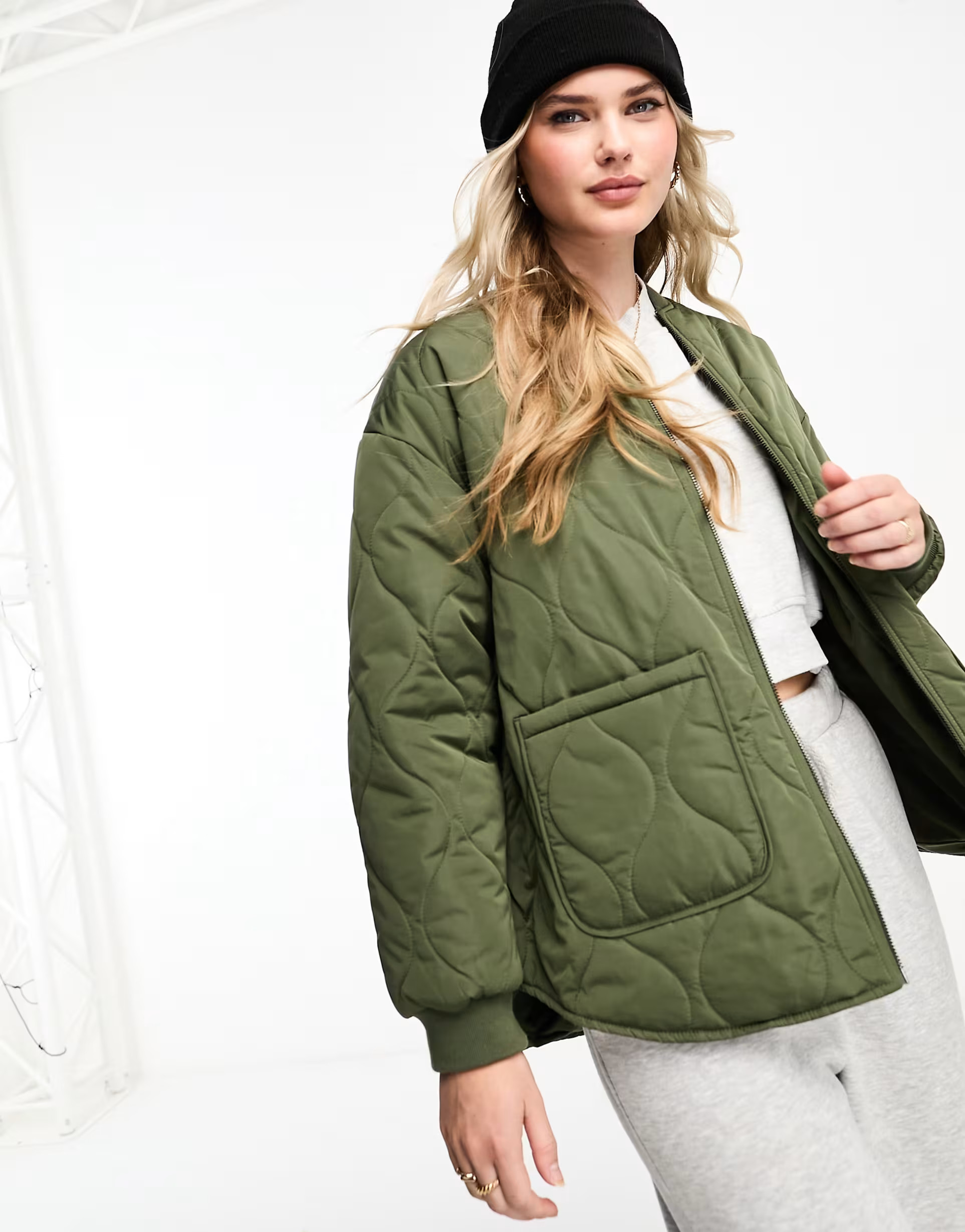 New Look quilted bomber jacket in dark khaki | ASOS (Global)