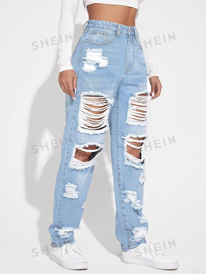 SHEIN EZwear Ripped Detail Boyfriend Jeans | SHEIN