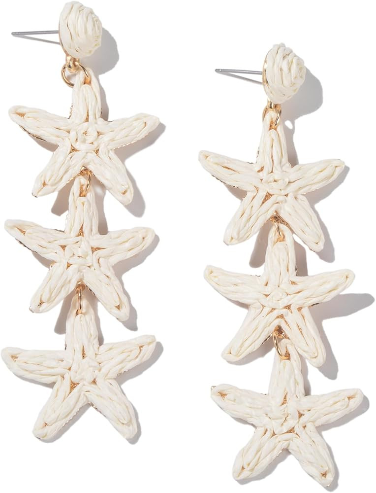 Boho Raffia Earrings Starfish Shell Seashell Dangle Drop Earrings Cute Statemnet Trendy Summer Be... | Amazon (US)