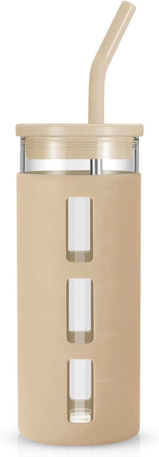 tronco Glass Tumbler with Silicone Lid and Straw,20OZ Reusable Iced Coffee Cup,Smoothie Cups,Glas... | Amazon (US)