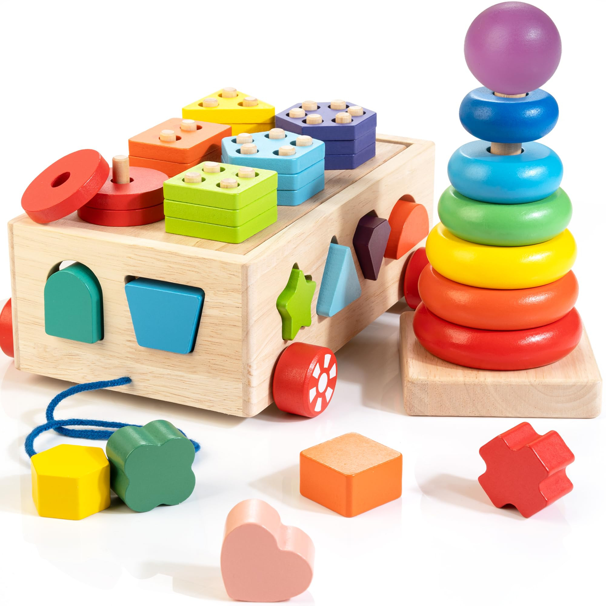 Bravmate Montessori Toys for 1 2 3 Year Old, Wooden Shape Sorter Stacking Rings Baby Toys 12-18 M... | Amazon (UK)