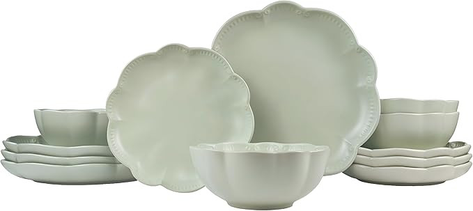 Sango 12 Pieces Scalloped Dinnerware Set, Sage Green Dishes for 4, Premium Serving Plates & Bowls... | Amazon (US)