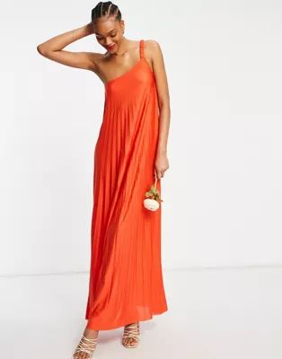 ASOS DESIGN one shoulder scrunch elastic pleated maxi dress in red | ASOS (Global)