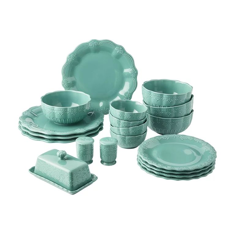 The Pioneer Woman 20-Piece Ceramic Toni Dinnerware Set, Teal - Walmart.com | Walmart (US)